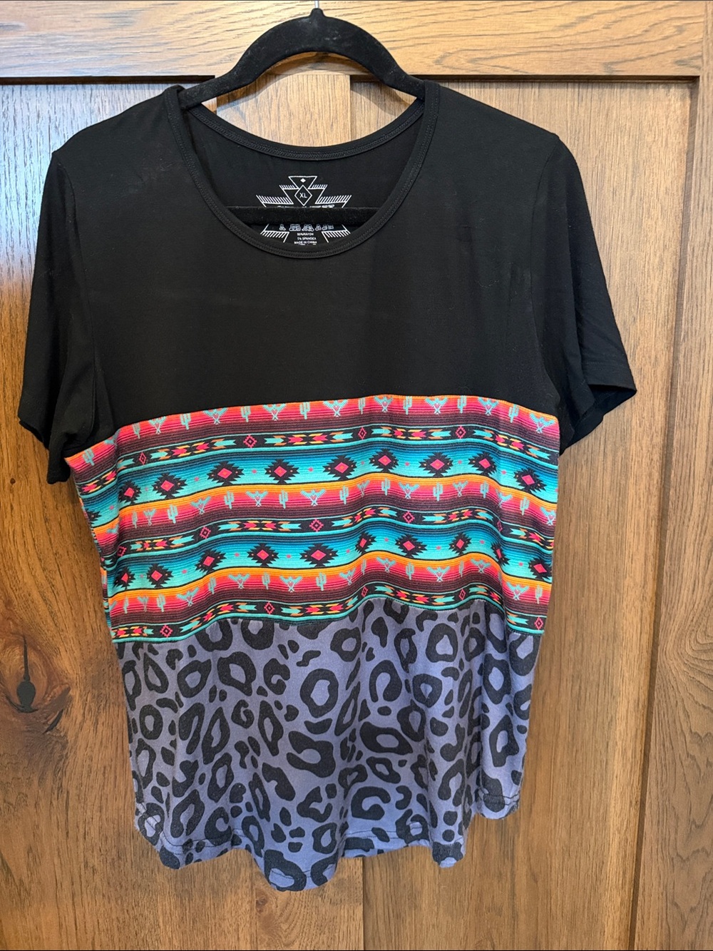 Crazy Train Black Short Sleeve Top with Turquoise, Red & Gray Prints
